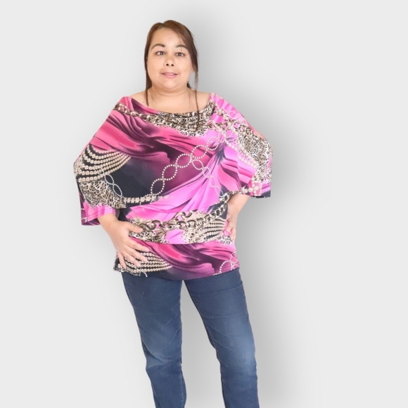 JOSEPH RIBKOFF WOMENS SIZE 14 PINK CHAIN PATTERN COLD SHOULDER SHIRT - Picture 1 of 6